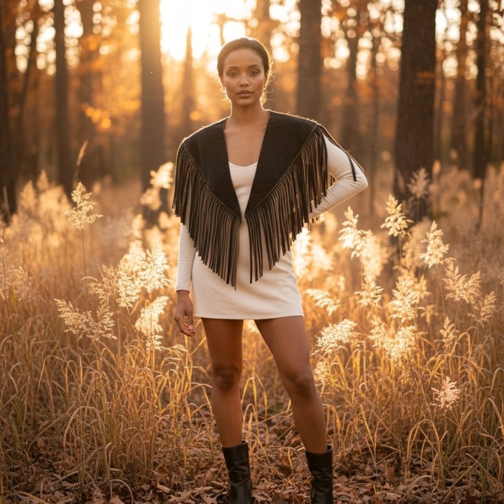 Fringed Black Cowhide Shawl